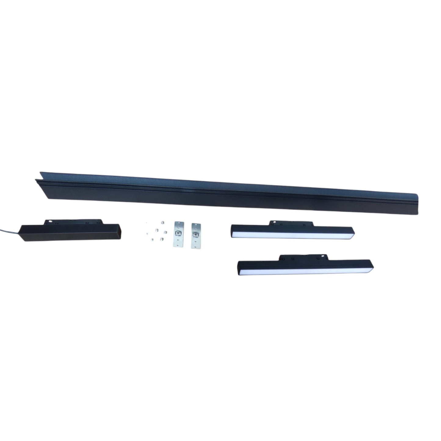 A linear LED light bar kit with multiple black mounting brackets, screws, and two white light bars shown on a plain white background.