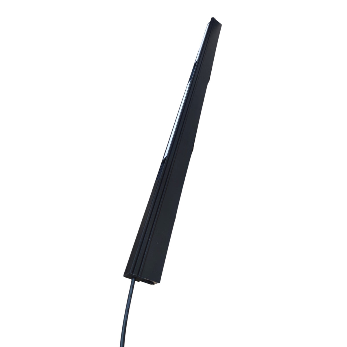 A black, sleek, tapered rectangular panel or shield with a thin dark cable extending from the bottom, shown against a solid white background.