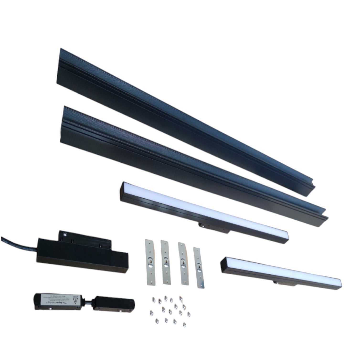 A set of black metal track lighting components and accessories, including two long rails, two shorter light bars, a power supply, two sensors, four mounting brackets, and screws, arranged on a plain white background.