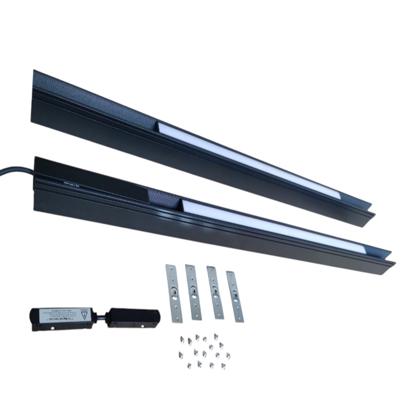 A pair of long black linear LED light bars with a white light-emitting strip, shown with mounting brackets, a small black control module, and screws on a plain white background.