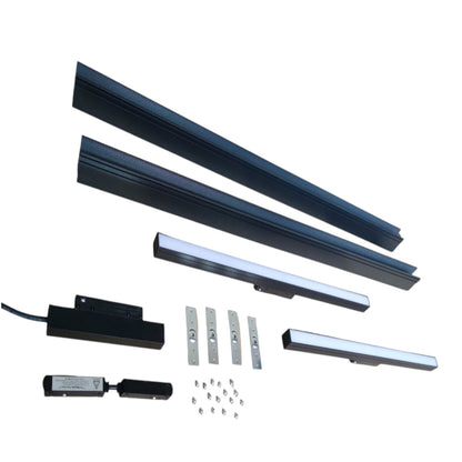 A set of black metal track lighting components and accessories, including two long rails, two shorter light bars, a power supply, two sensors, four mounting brackets, and screws, arranged on a plain white background.