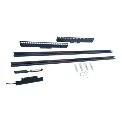 A set of black metal LED light guide bars and mounting hardware, including brackets, screws, and small electronic components, arranged neatly on a solid white background.