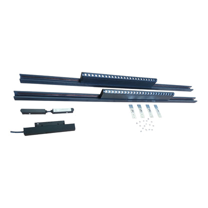 A set of dark blue metal track rails with mounting brackets, small hardware pieces, and a black electronic control module, displayed on a clean white background.