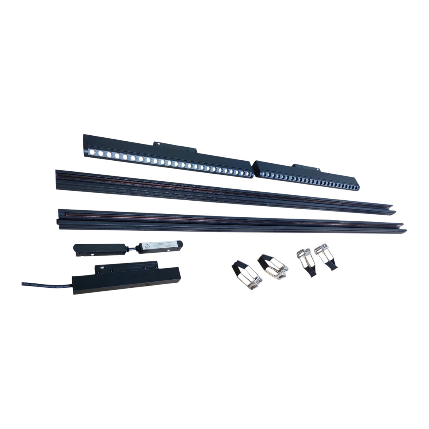 A set of black LED light bars and mounting hardware arranged on a plain white background, including two long light bar sections, several mounting rails, small electronic components, and clear/white connector clips.