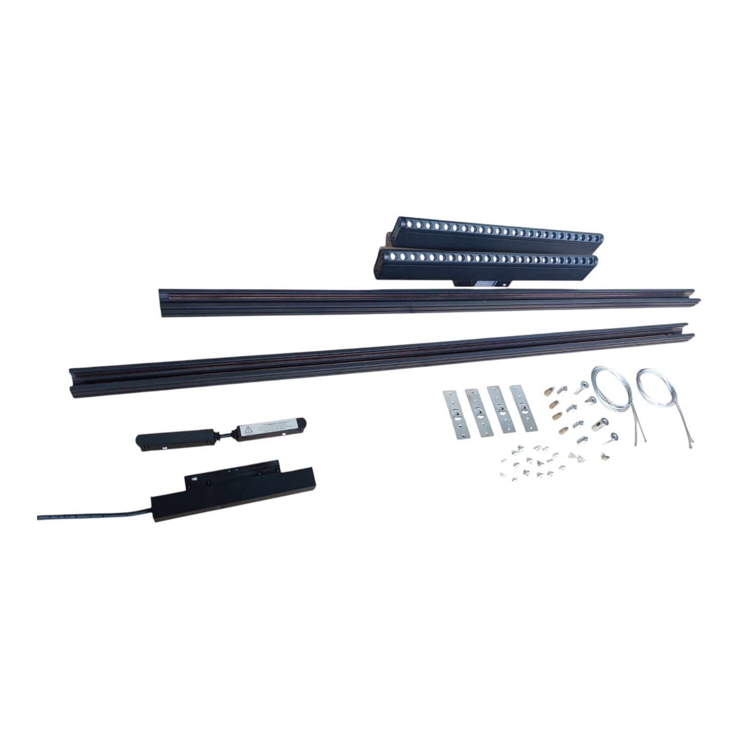 A set of black metal track components and hardware, including two long rails, a shorter rail section, a control module with wire, mounting brackets, and small fasteners, arranged on a plain white background.