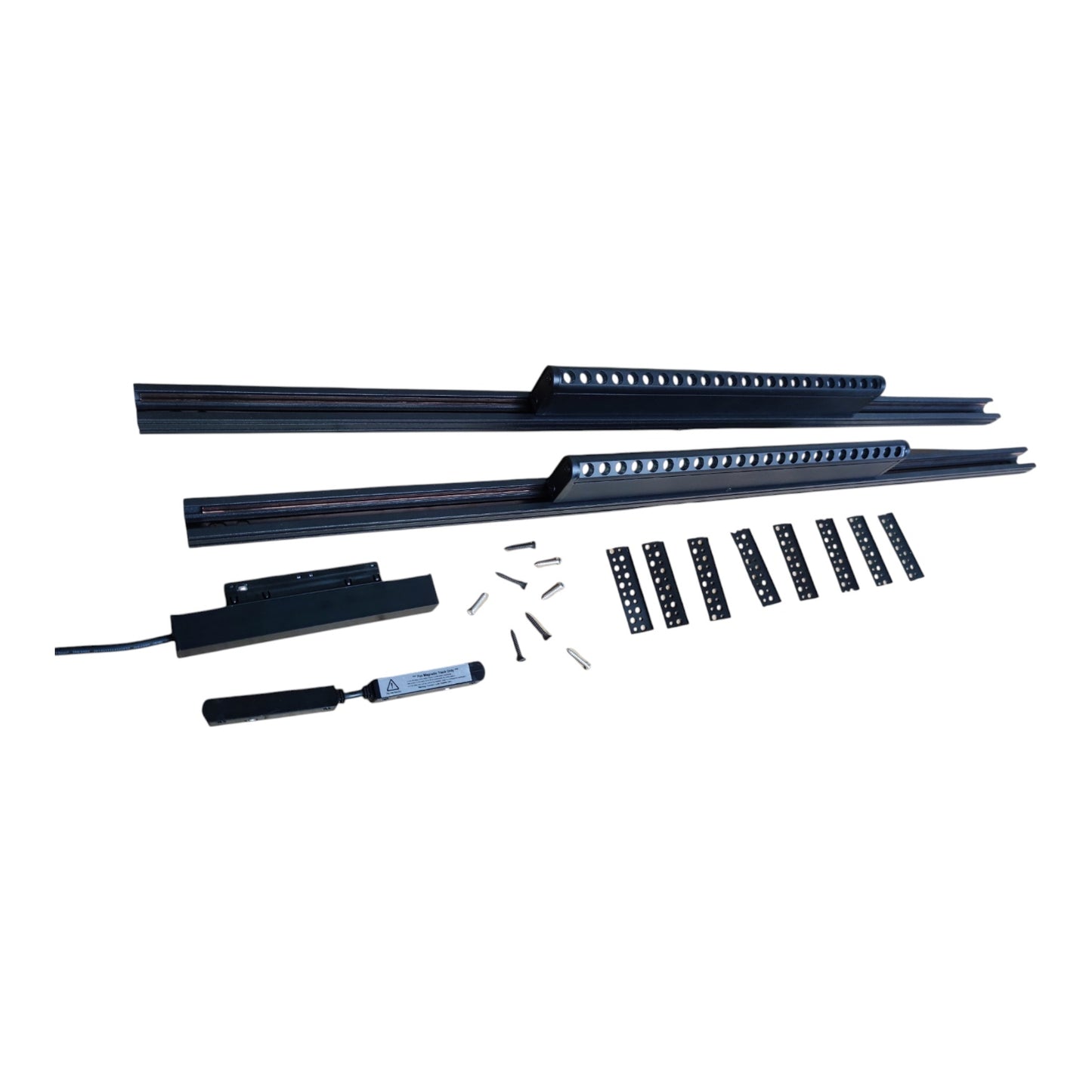 A black LED light bar kit laid out on a white background, including two long light bars, several small rectangular light modules, mounting hardware, and a control module with a wire.