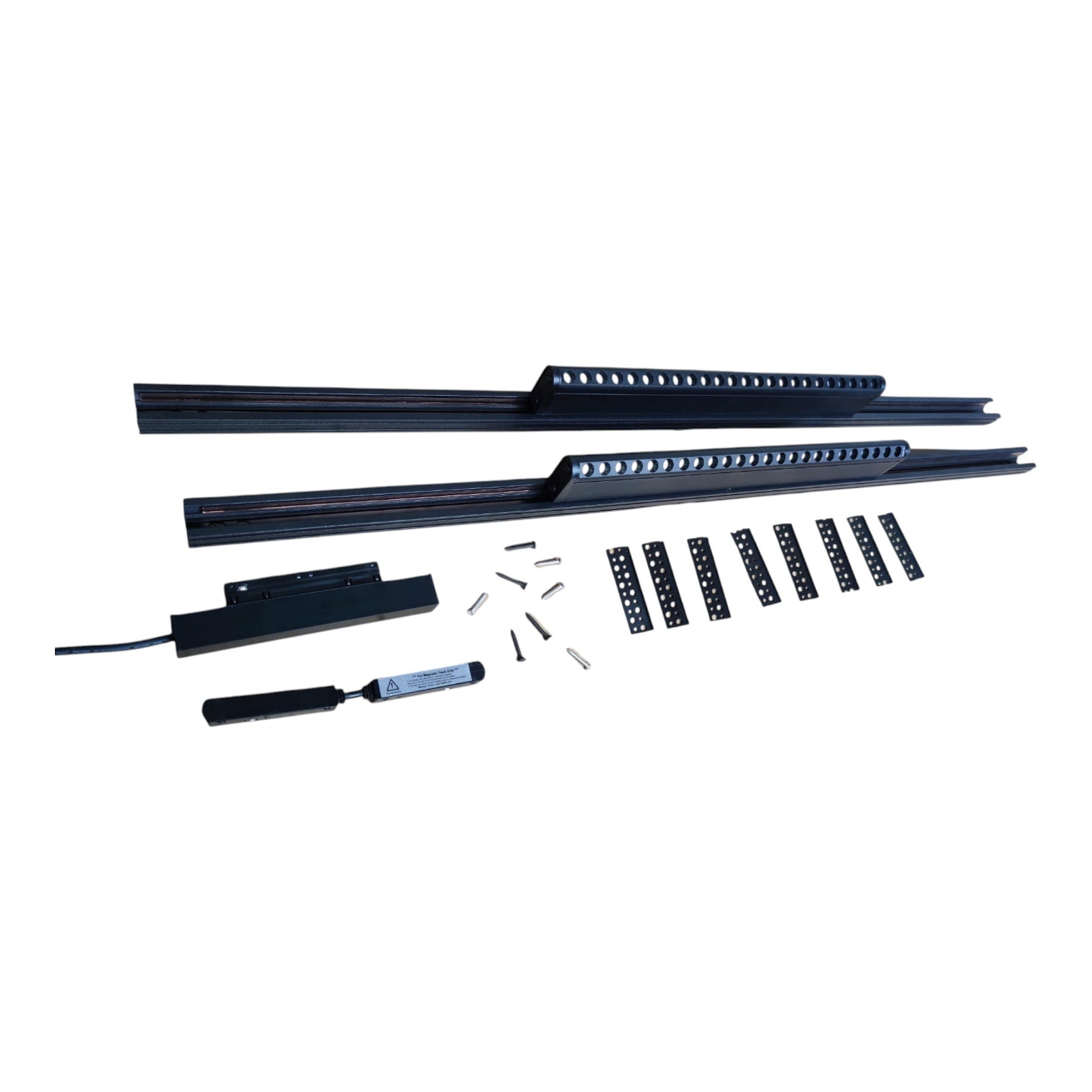 A black LED light bar kit laid out on a white background, including two long light bars, several small rectangular light modules, mounting hardware, and a control module with a wire.