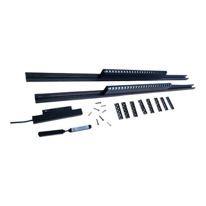 A black LED light bar kit laid out on a white background, including two long light bars, several small rectangular light modules, mounting hardware, and a control module with a wire.