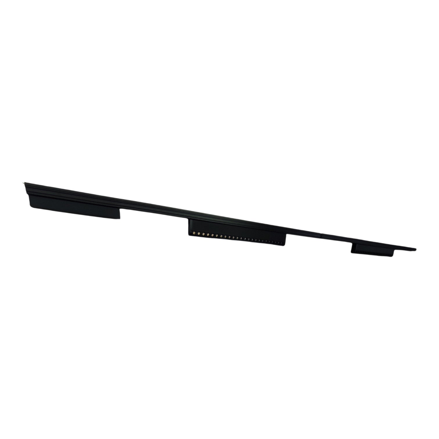 A modern linear ceiling track light fixture with five adjustable white cylindrical spotlight heads and gold-toned inner trim, shown against a plain white background.