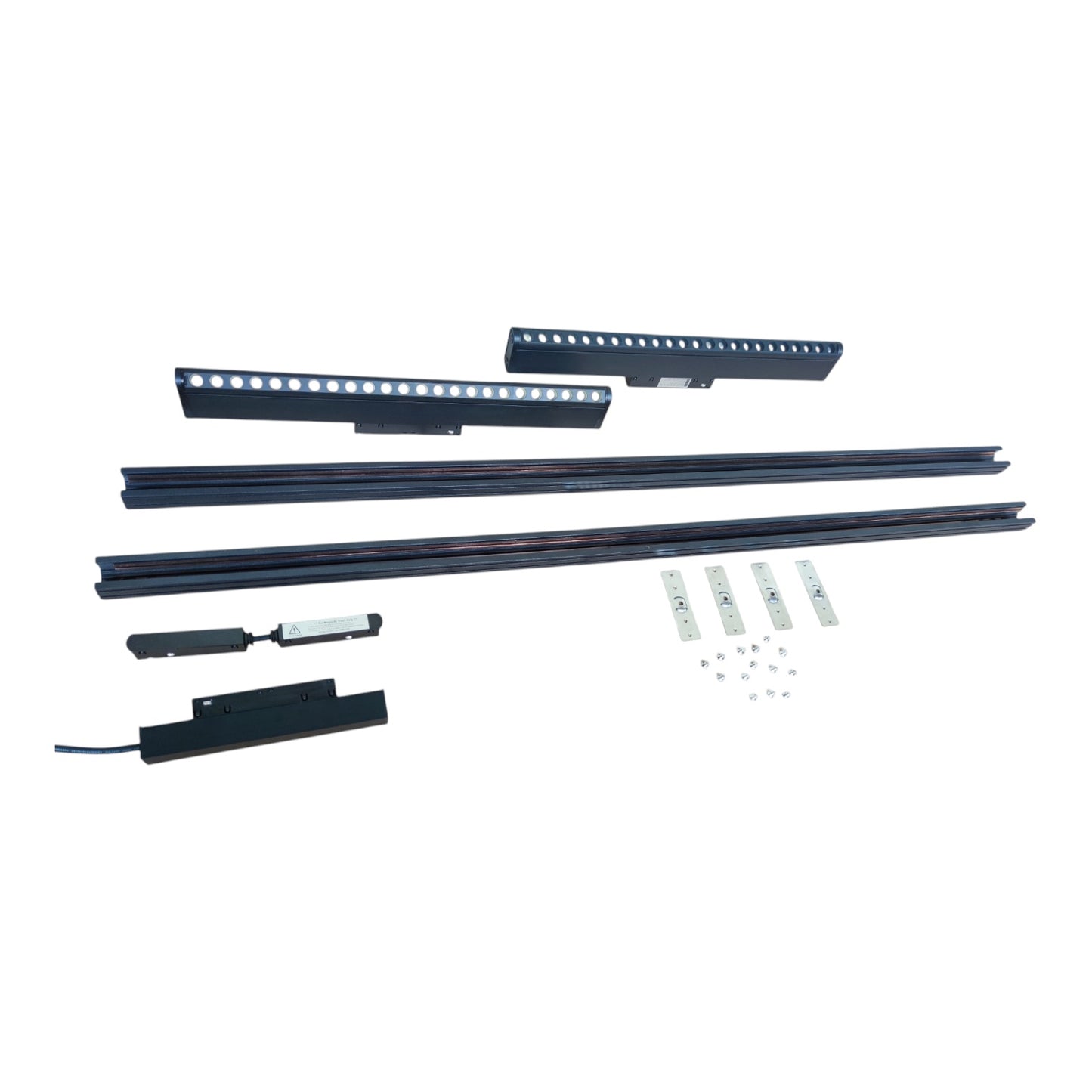 A set of black metal LED light guide bars and mounting hardware, including brackets, screws, and small electronic components, arranged neatly on a solid white background.
