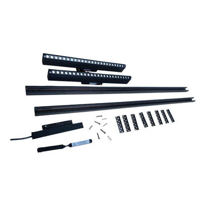 A black LED linear light bar kit laid out on a white background, including two light bars, mounting rails, brackets, screws, and a control module.