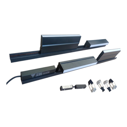 A set of black metal linear guide rails with silver-colored end caps, shown alongside several small silver and black electronic sensors or switches on a plain white background.