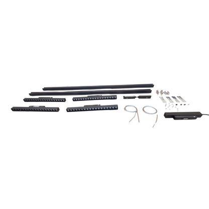 A set of black LED light bars and mounting hardware arranged on a plain white background, including multiple bar sections, silver bolts, nuts, washers, and a small electronic control module with wires.