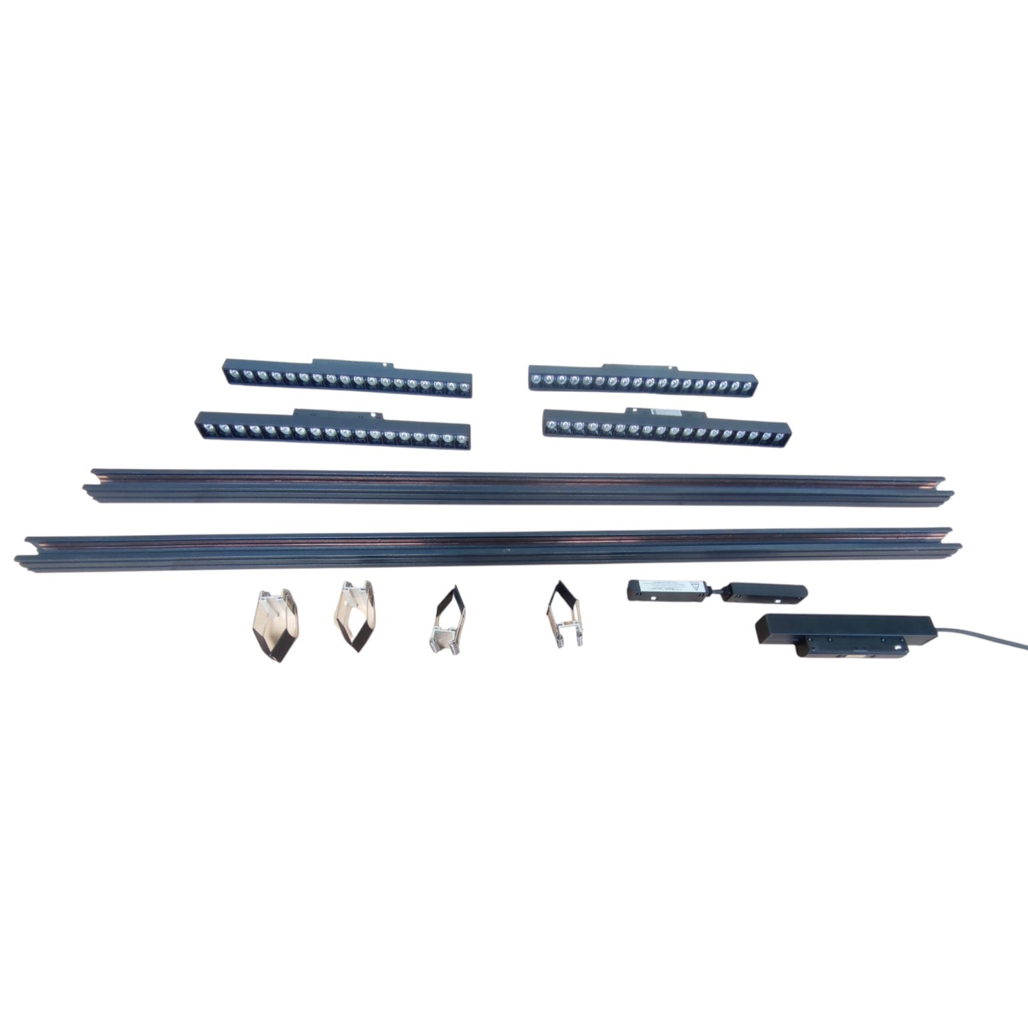 A set of automotive LED light bars and mounting hardware, including multiple long black light bars, several smaller LED strips, silver metal brackets, and a black electronic control module with a wire, displayed on a solid white background.