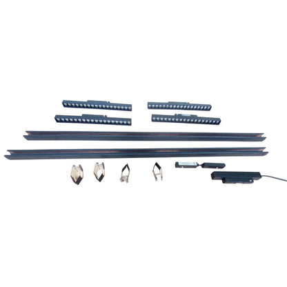A set of automotive LED light bars and mounting hardware, including multiple long black light bars, several smaller LED strips, silver metal brackets, and a black electronic control module with a wire, displayed on a solid white background.