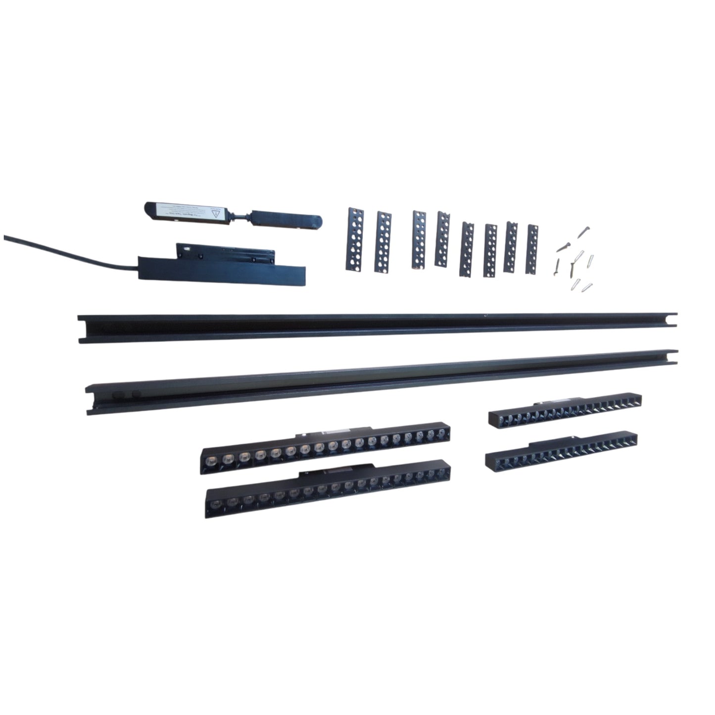 A set of black metal LED light bar components and mounting hardware arranged on a plain white background, including two long bar sections, several shorter light bars, bracket pieces, a small control or sensor-like piece, and screws.