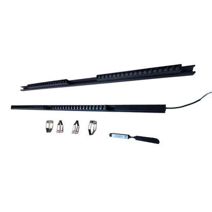 A black linear LED light bar shown in two pieces, with four small mounting clips and a small hand tool, photographed on a plain white background.
