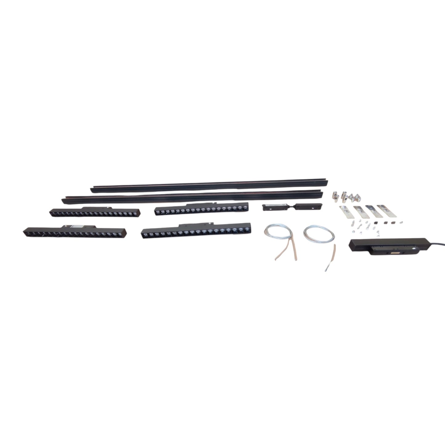 A set of black LED light bars and mounting hardware arranged on a plain white background, including multiple bar sections, silver bolts, nuts, washers, and a small electronic control module with wires.