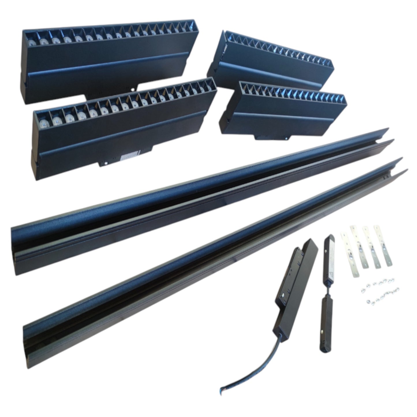 A set of black metal track or channel components with mounting hardware, shown on a plain white background.