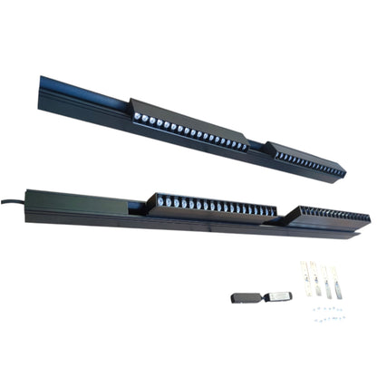 Two black LED linear aquarium light bars shown on a white background, along with a small remote control and mounting hardware.