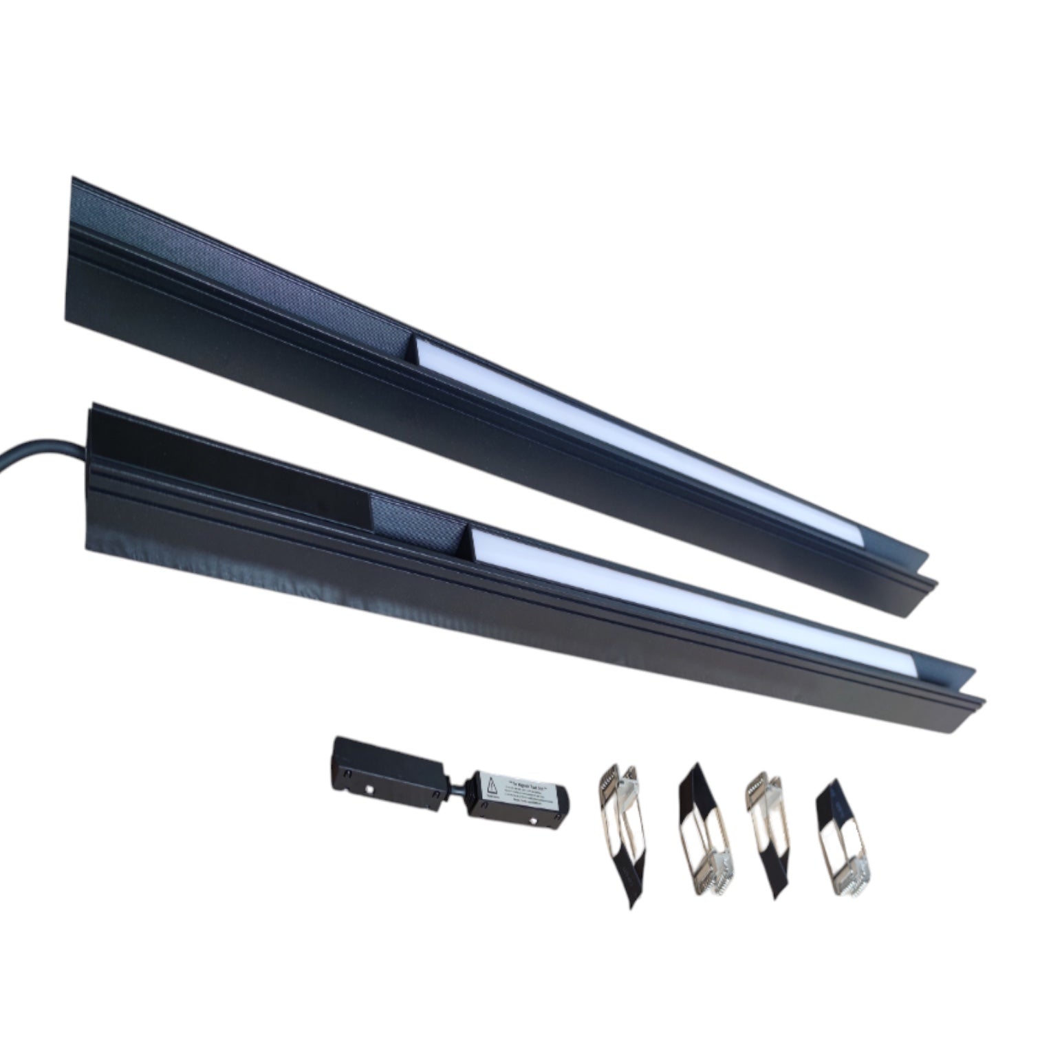 Two long black linear LED light bars with a white illuminated strip, shown on a white background with a small connector and four small mounting pieces below.