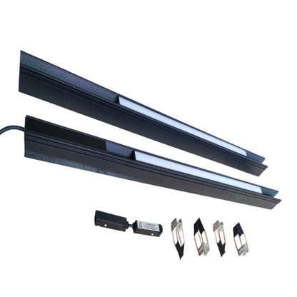 Two long black linear LED light bars with a white illuminated strip, shown on a white background with a small connector and four small mounting pieces below.