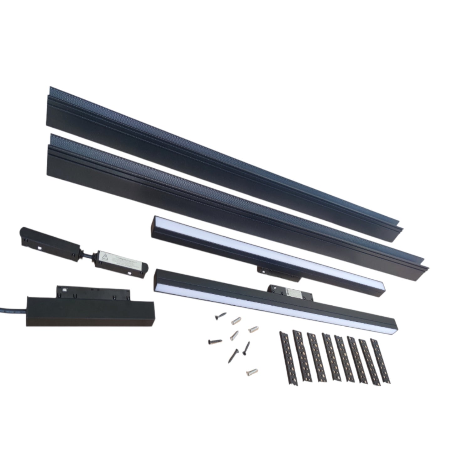 A set of black metal track lighting components and mounting hardware arranged on a plain white background, including two long rails, two shorter rails, two light bars, two electronic driver modules, screws, and mounting brackets.