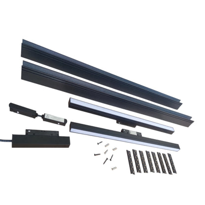 A set of black metal track lighting components and mounting hardware arranged on a plain white background, including two long rails, two shorter rails, two light bars, two electronic driver modules, screws, and mounting brackets.