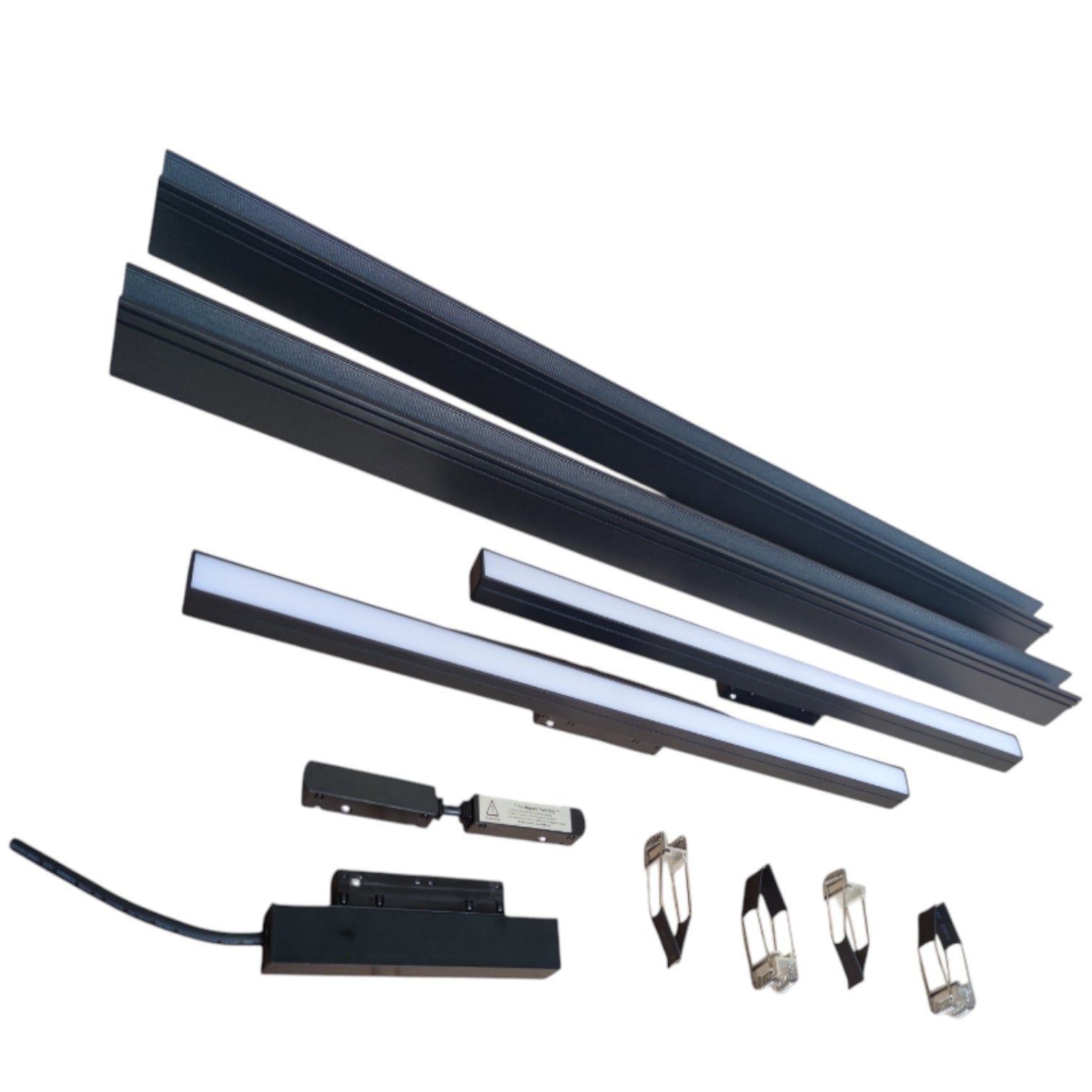 A linear LED light strip kit with multiple black aluminum rails, a main light bar, a control module with wire, and four small lamp components, shown on a plain white background.