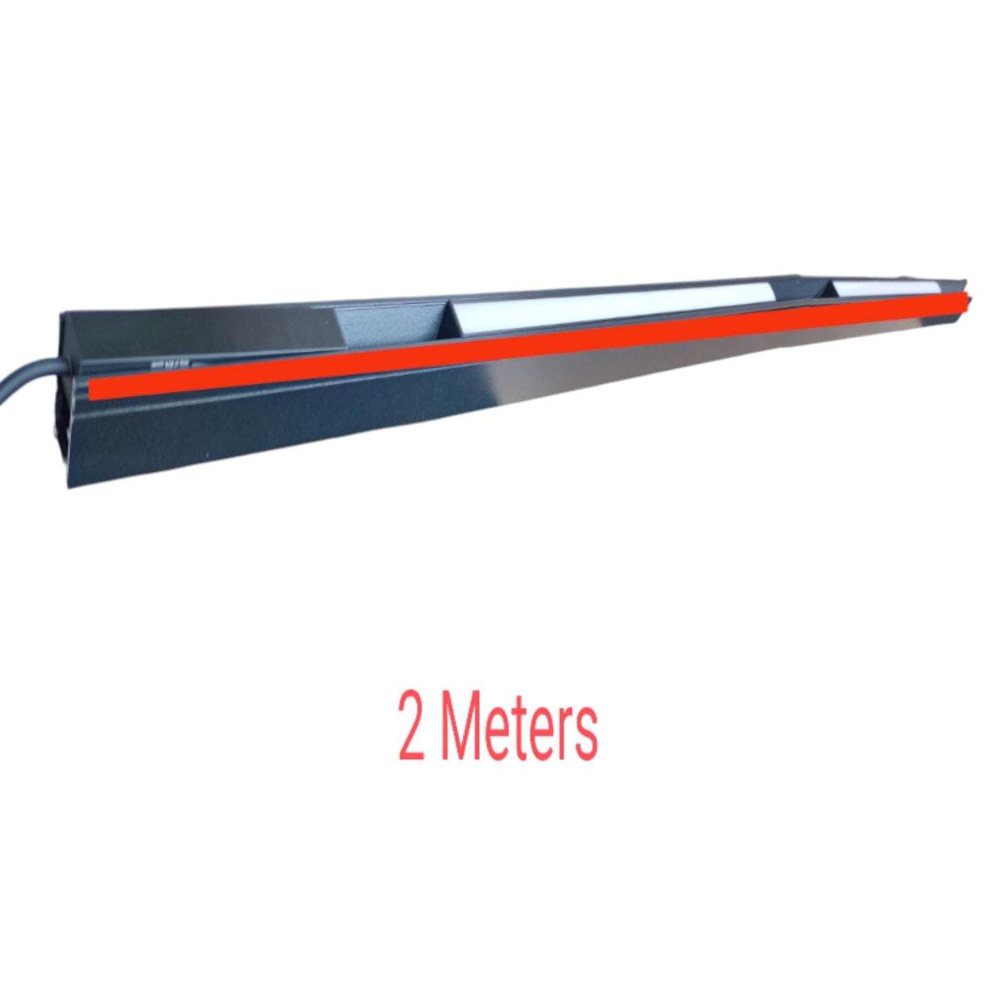 A long, narrow black rectangular device with a red stripe running along the top, shown on a plain white background with red text reading '2 Meters' below it.