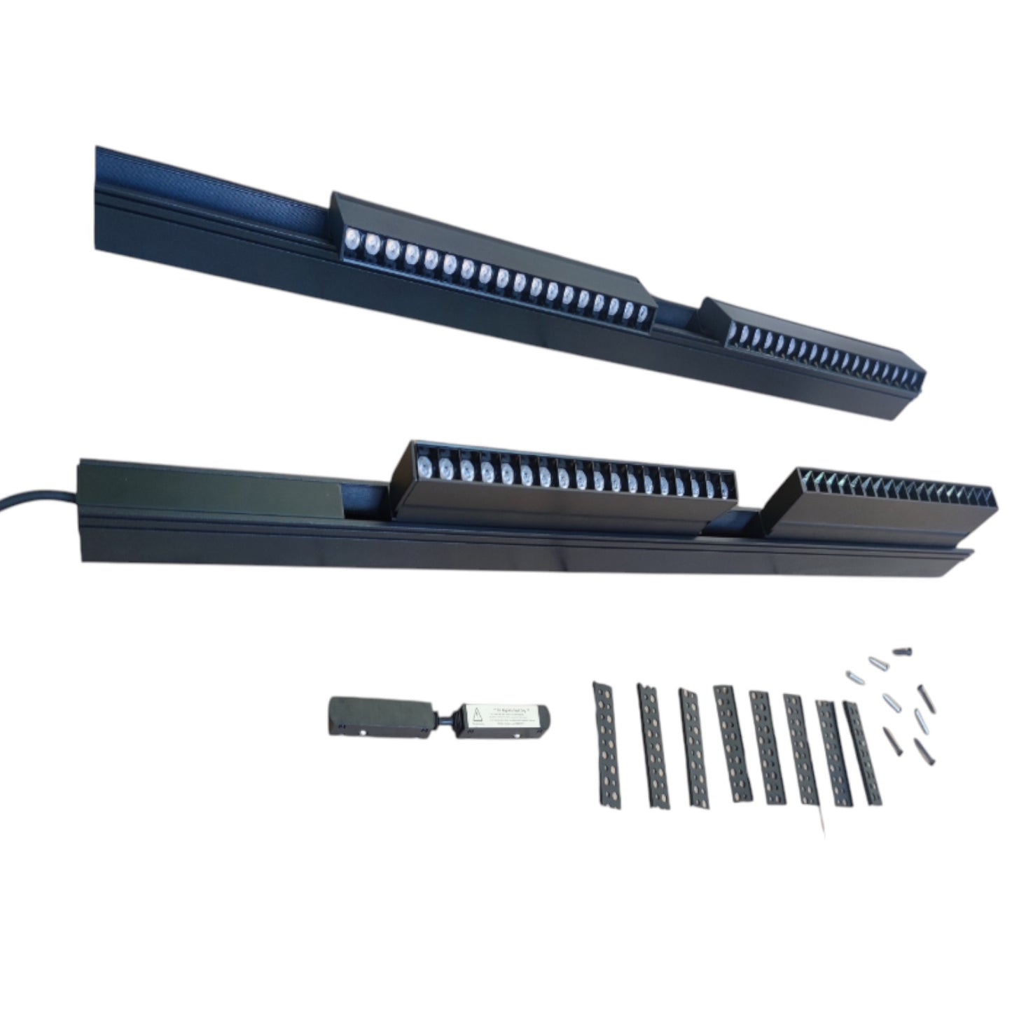 A black LED linear light bar kit shown on a white background, including two long light bars, a small control module, mounting brackets, and screws.