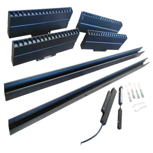 A set of black metal track or channel components with mounting hardware, shown on a plain white background.