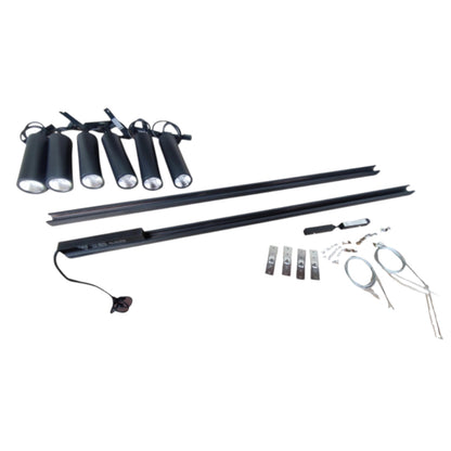 A black LED track light kit with six cylindrical lamp heads, two long mounting rails, mounting brackets, wiring, and hardware, displayed on a clean white background.