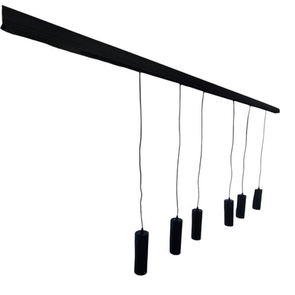 A modern black linear ceiling light fixture with five cylindrical pendant lights hanging from a single horizontal bar against a plain white background.
