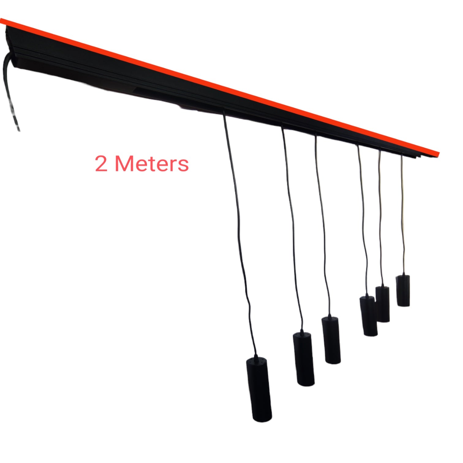 A black linear actuator or rail assembly with a red-orange edge, shown with six hanging black cylindrical weights on cords. Red text reads '2 Meters' on a plain white background.