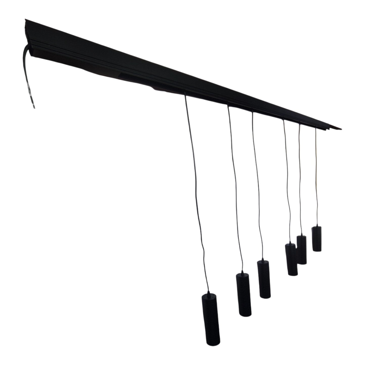 Black retractable awning with six hanging cylindrical shades, shown against a plain white background.