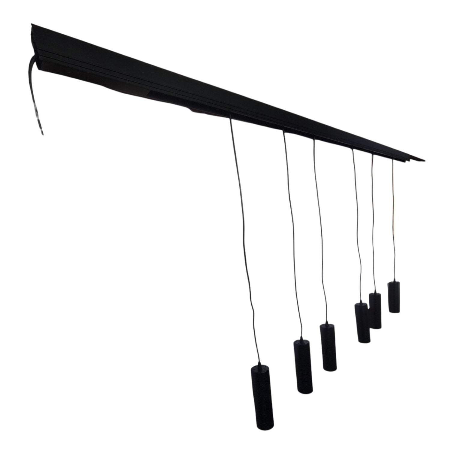 Black retractable awning with six hanging cylindrical shades, shown against a plain white background.