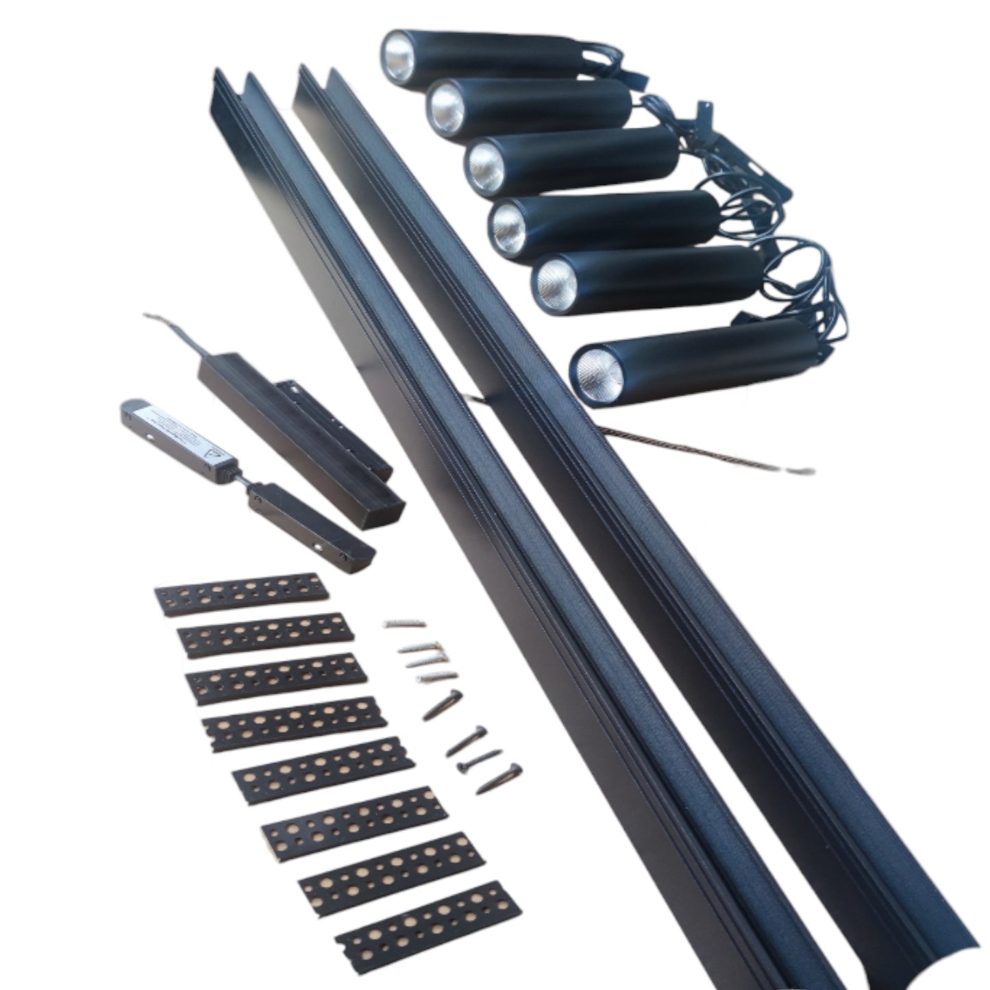 A 7-light linear LED light bar kit with two long black aluminum rails, six cylindrical black LED light modules with silver reflectors, two small black control boxes, and multiple mounting brackets and screws, all arranged on a plain white background.