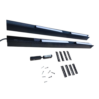 Two long black LED linear light bars with a textured outer shell and a bright white light panel, shown with mounting brackets, a small control module, and screws on a plain white background.