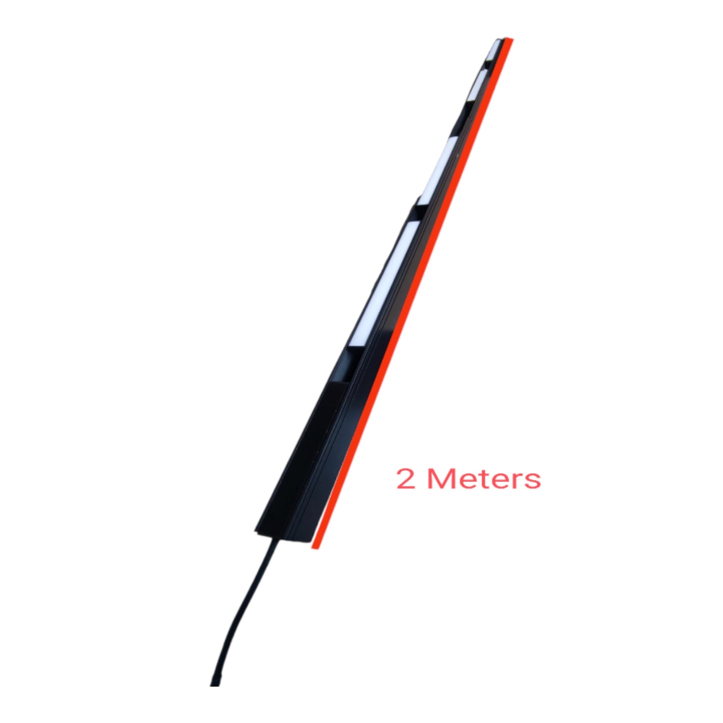 A long black linear LED light strip shown diagonally on a white background, with a red outline highlighting its length and red text reading '2 Meters'.