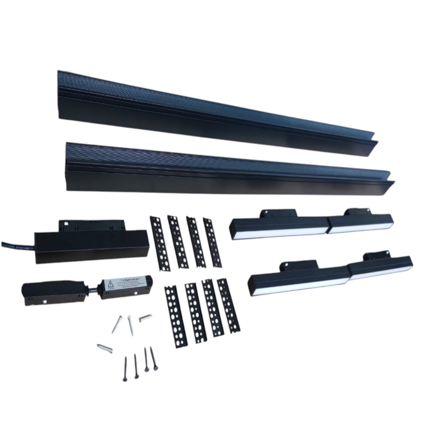 A set of black metal stair rail components and mounting hardware arranged on a plain white background, including two long rails, several shorter rail sections, brackets, screws, and small hardware pieces.