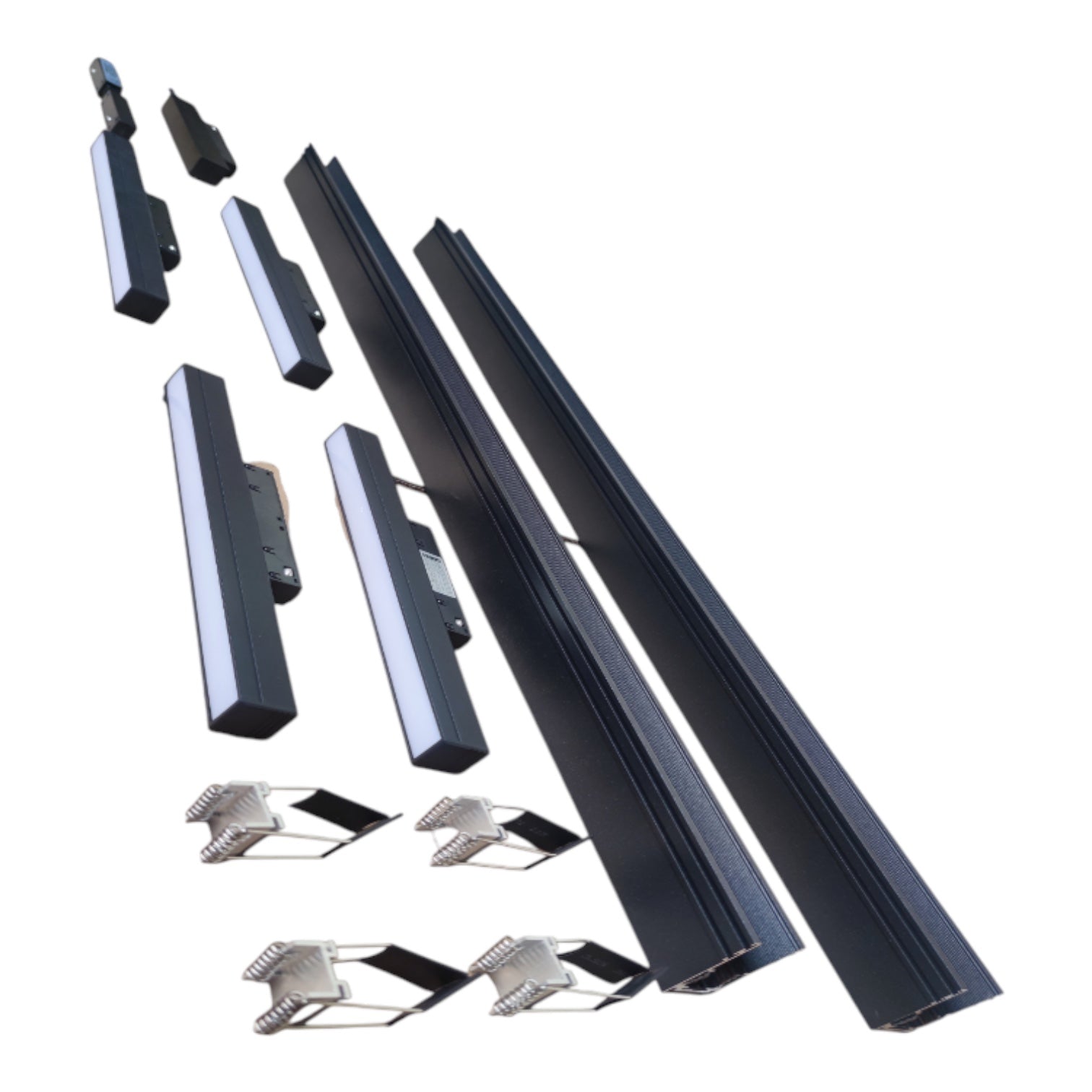 A set of long black metal mounting rails or brackets with several smaller matching pieces arranged separately on a plain white background.