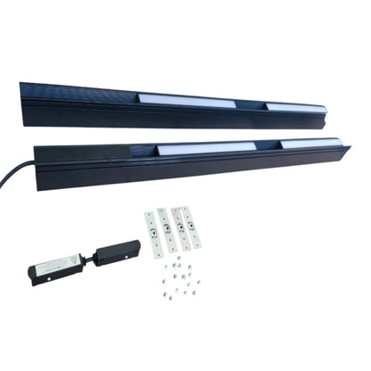 Two long black LED linear light bars with white diffusers, shown with mounting brackets, a power supply, and screws on a plain white background.