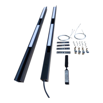 A two-light linear LED light bar kit shown on a white background, including two long black light bars, mounting brackets, wire, screws, and a remote control.