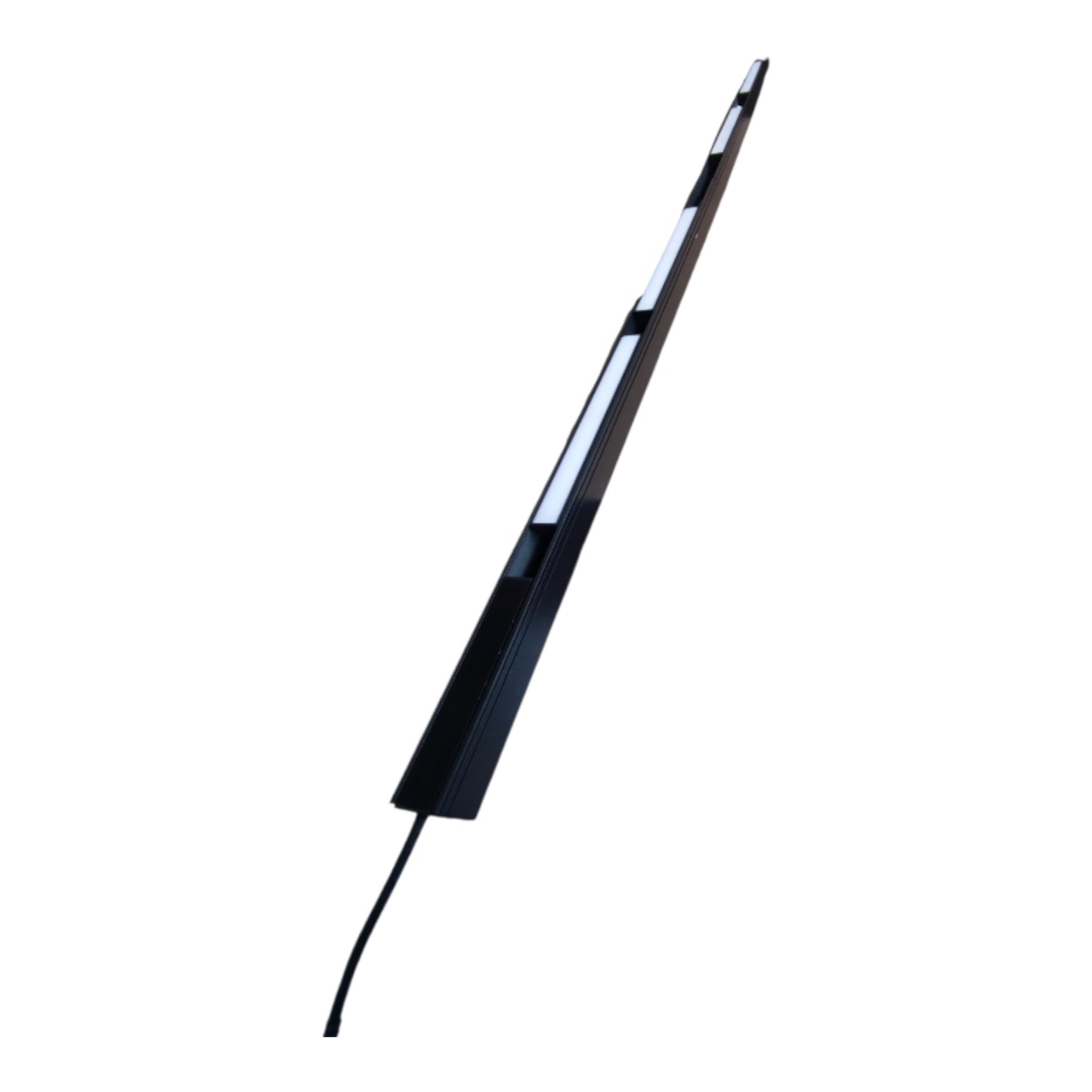 A long, narrow black linear light fixture or LED strip shown diagonally on a plain white background.