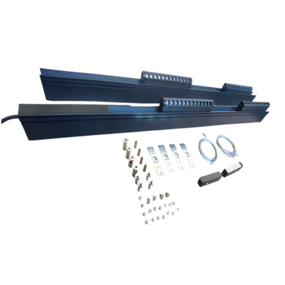 A dark blue metal track or guide rail kit with mounting hardware, brackets, screws, and a small electronic sensor, arranged on a plain white background.