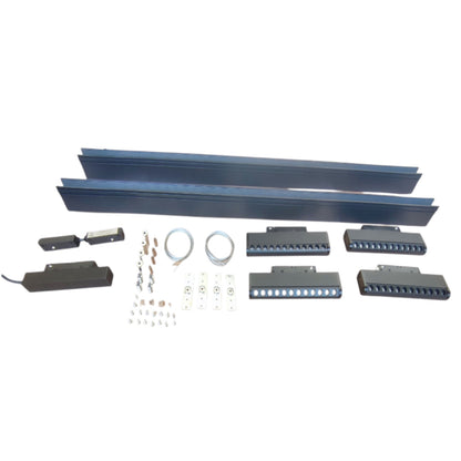 A hardware kit containing long dark blue metal rails, multiple black mounting brackets, silver wire, and small silver hardware pieces, arranged on a plain white background.