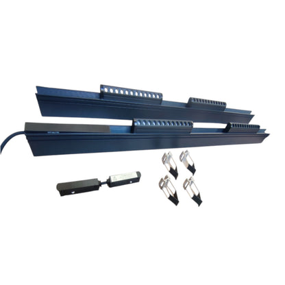 A set of dark blue LED linear track lights with mounting brackets, shown on a plain white background. The set includes two main long track units, two shorter track segments, a separate black and silver light bar, and four silver and black reflector lenses.
