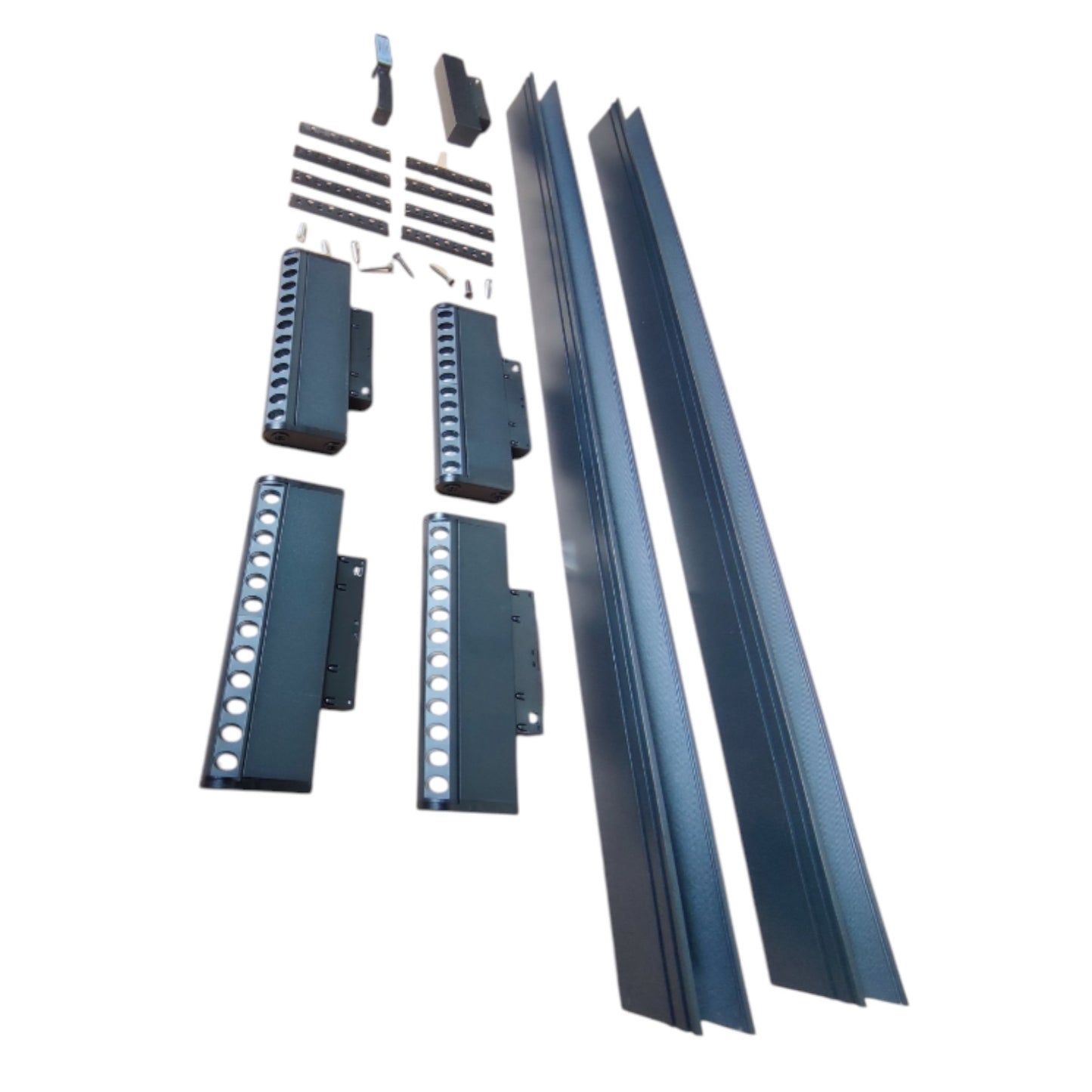 A set of dark blue-gray metal mounting brackets and long rails with small hardware pieces, arranged on a plain white background.
