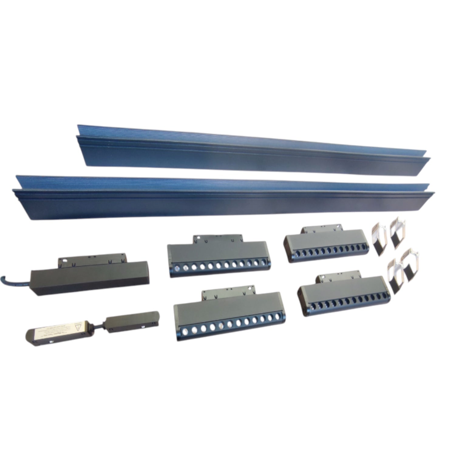 A set of blue metal guide rails and dark gray linear motion or limit switch components arranged on a plain white background.